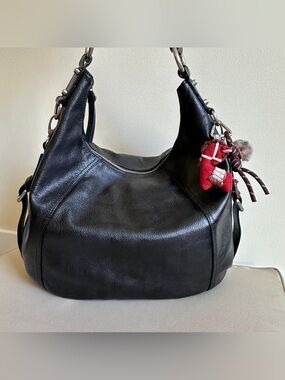 Danier Black Leather Shoulder Bag with Red Lama Charm